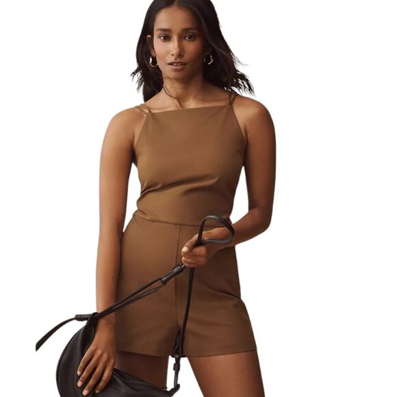 Anthropologie Maeve Strappy Micro Romper Brown Stretch Onesie Size Small - Picture 2 of 9